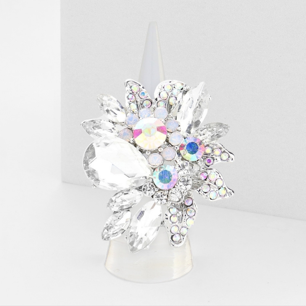 Abalone & Silver Floral Cocktail Fashion Statement Trend Rhinestone Crystal Ring